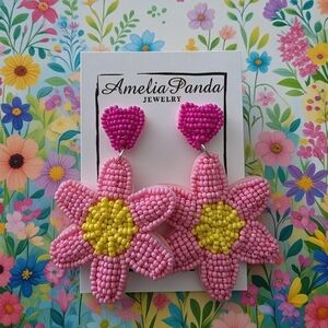 🌸 Beaded Pink/Yellow Flower Earrings 🌸